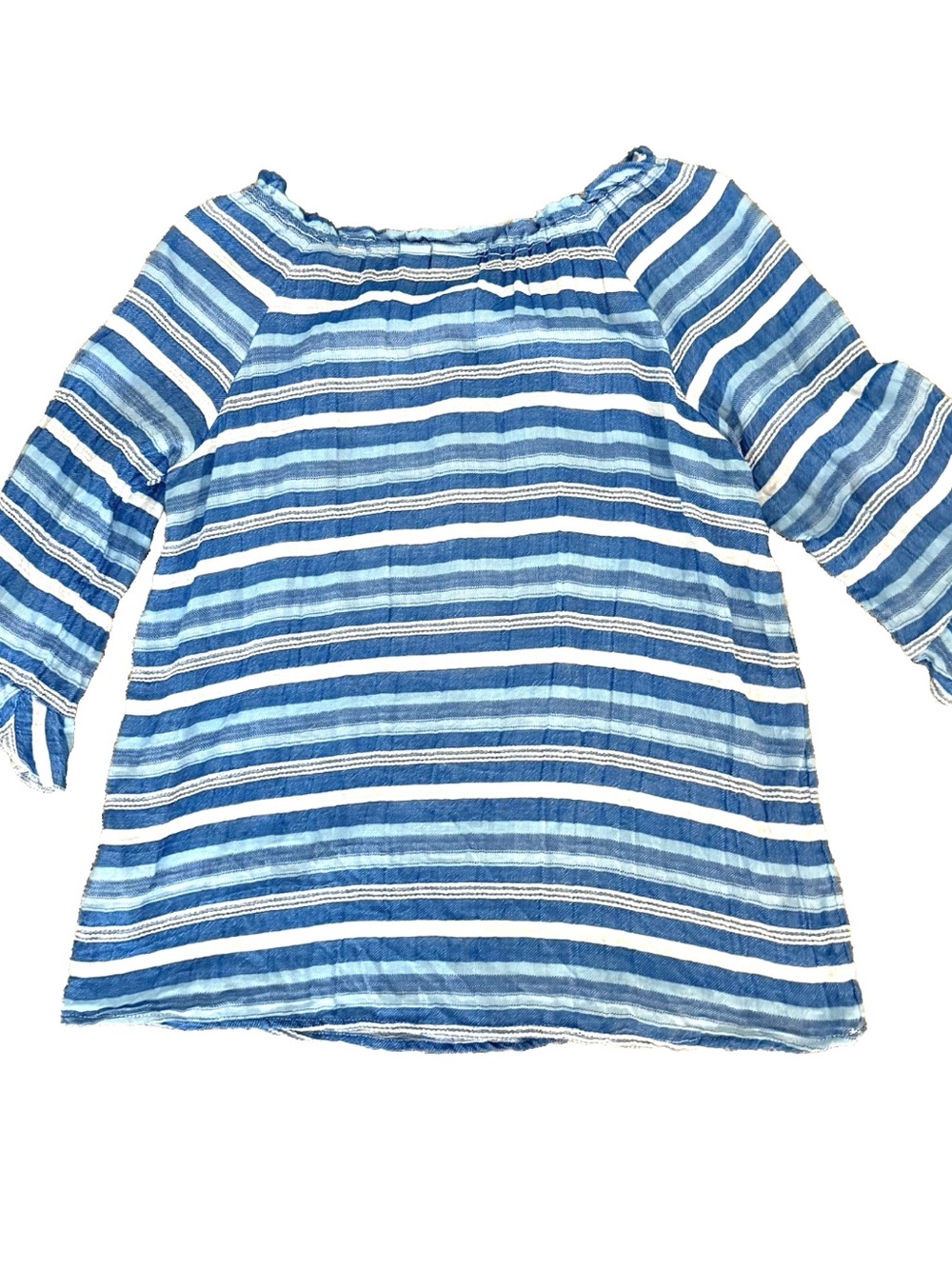 Westbound Women Blue White Striped Boho Peasant Blouse Shirt Top Smocked Ruffle - Picture 2 of 8